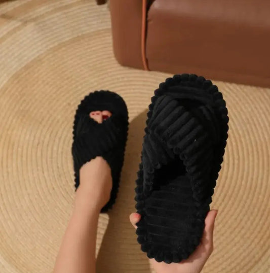 Home Fur Cross Belt Cotton Slippers Women